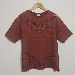 Ronny Kobo Lace Knit Top Size Small Brown Short Sleeve Chevron Detail